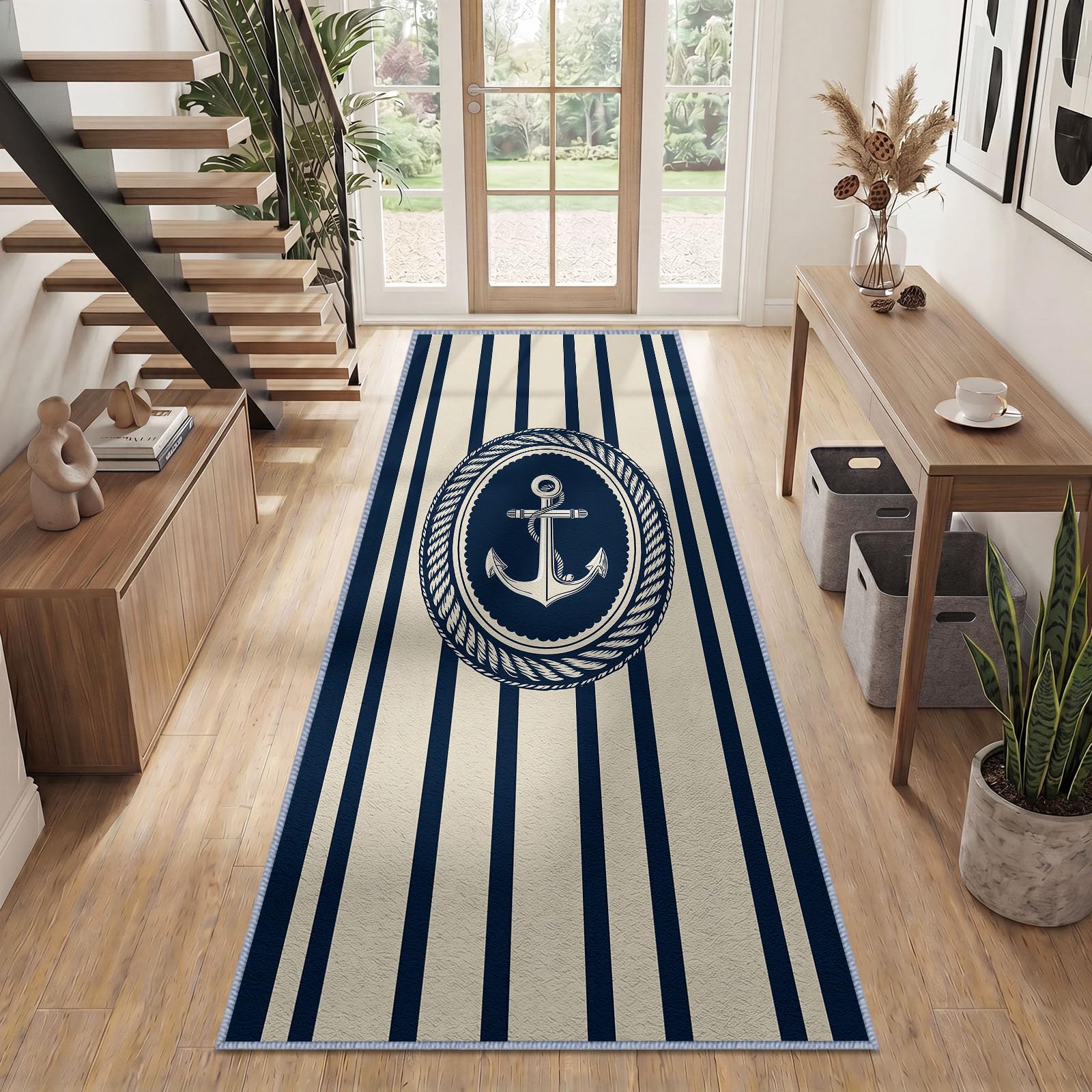 Bieżnik na korytarz 60 x 240 cm retro, z motywem morskim, pionowe paski, antypoślizgowy, wytrzymały bieżnik, mata podłogowa z gumowym spodem, można prać, do przedpokoju, kuchni, sypialni, pralni