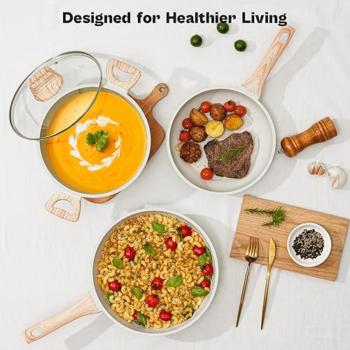 Miniatura 8 de Juego de 13 ollas y sartenes, utensilios de cocina antiadherentes, utensilios de cocina de inducción de granito blanco, no tóxico, saludable,