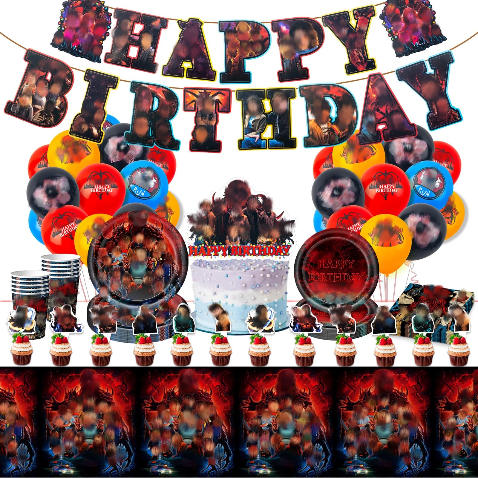 Birthday Party Decorations,93pcs Party Supplies Tableware Set Include Banner, Cake Topper, Balloons, Plates, Napkins, Cups, Tablecloth for Birthday Party Table Decorations