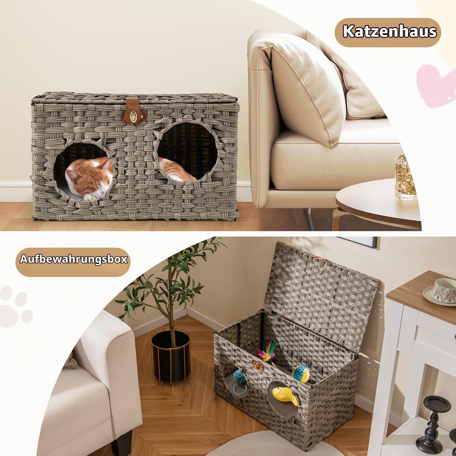 COSTWAY Katzenhaus aus PE-Rattan, Klappbar, Katzenbett mit abnehmbaren Kissen & abschließbarer Deckel, Katzenschrank für kleine mittlere Katzen, Indoor Katzenmöbel, 60 x 35 x 35 cm