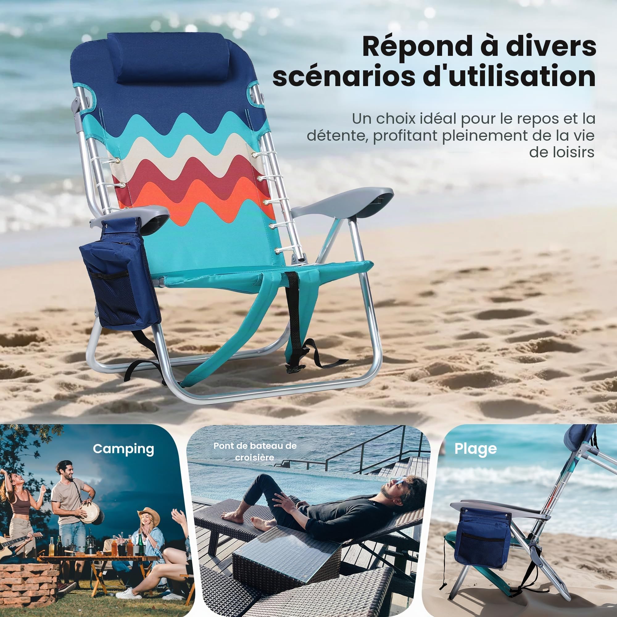 High Point Sports Lot de 2 Chaises de Plage Pliantes Légères et Portables Inclinables avec Support de 113,4 kg, 4 Positions pour Adultes, Cadre en Aluminium, Tissu Oxford 600D, Bleu | Chaise longue portable légère avec capacité de charge de 250 kg, chaise