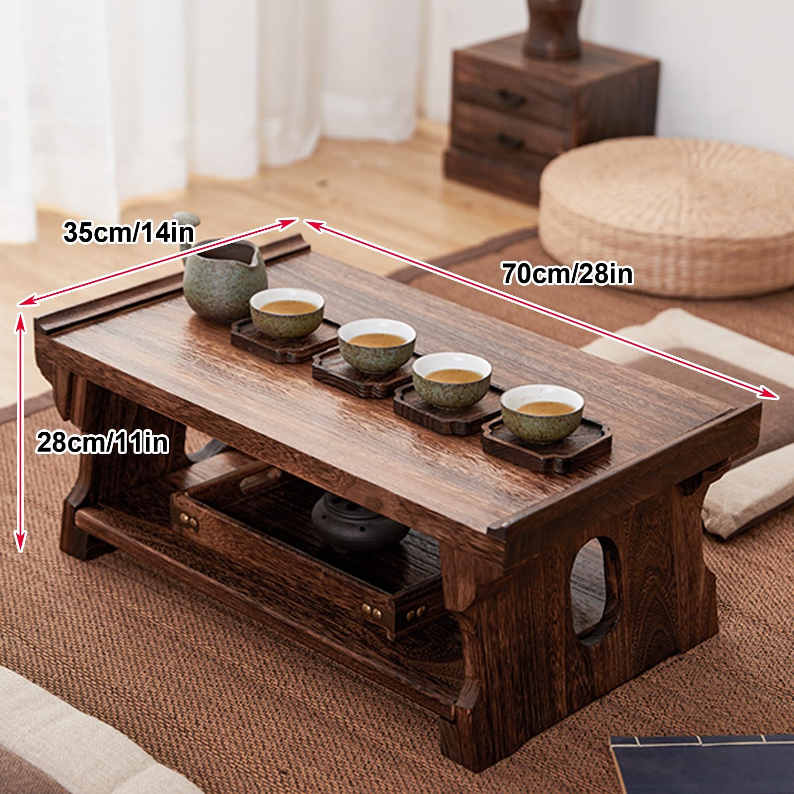 Tavolo da Altare La Meditazione, Tavolino Basso con Cassetto Portaoggetti Nascosto, Portatile Tavolino per Soggiorno, Camera da Letto, Meditazione(70x35x28cm/28x14x11in)