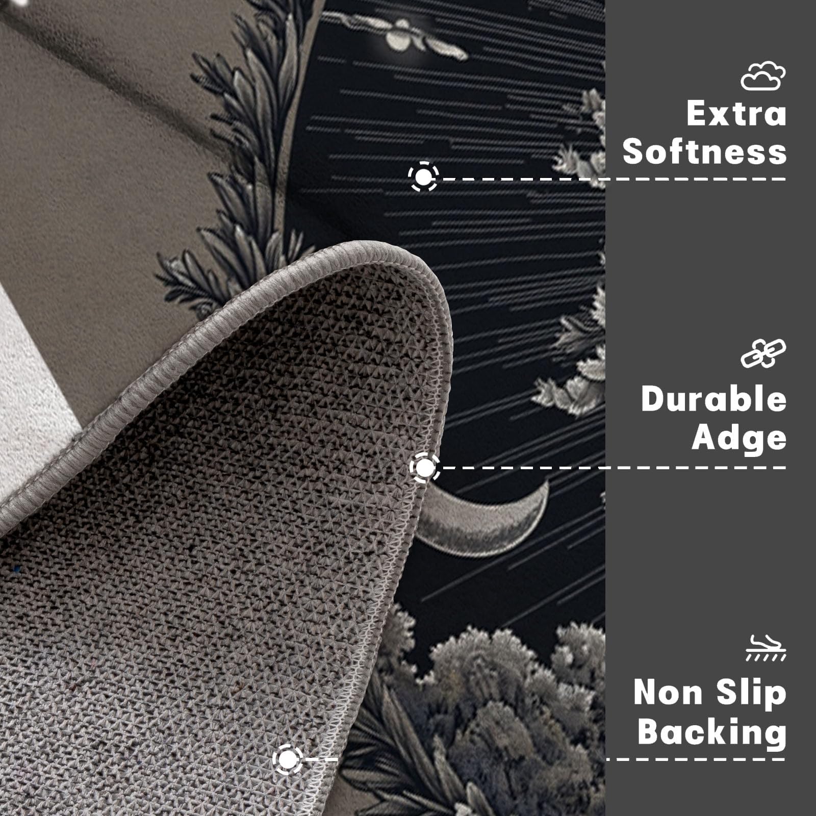 Tapis Rond en Art mystérieux Super Doux pour Salon - Arbres Soleil et Lune - Dos antidérapant - Convient aux Enfants et aux Animaux domestiques - Noir - 120cm