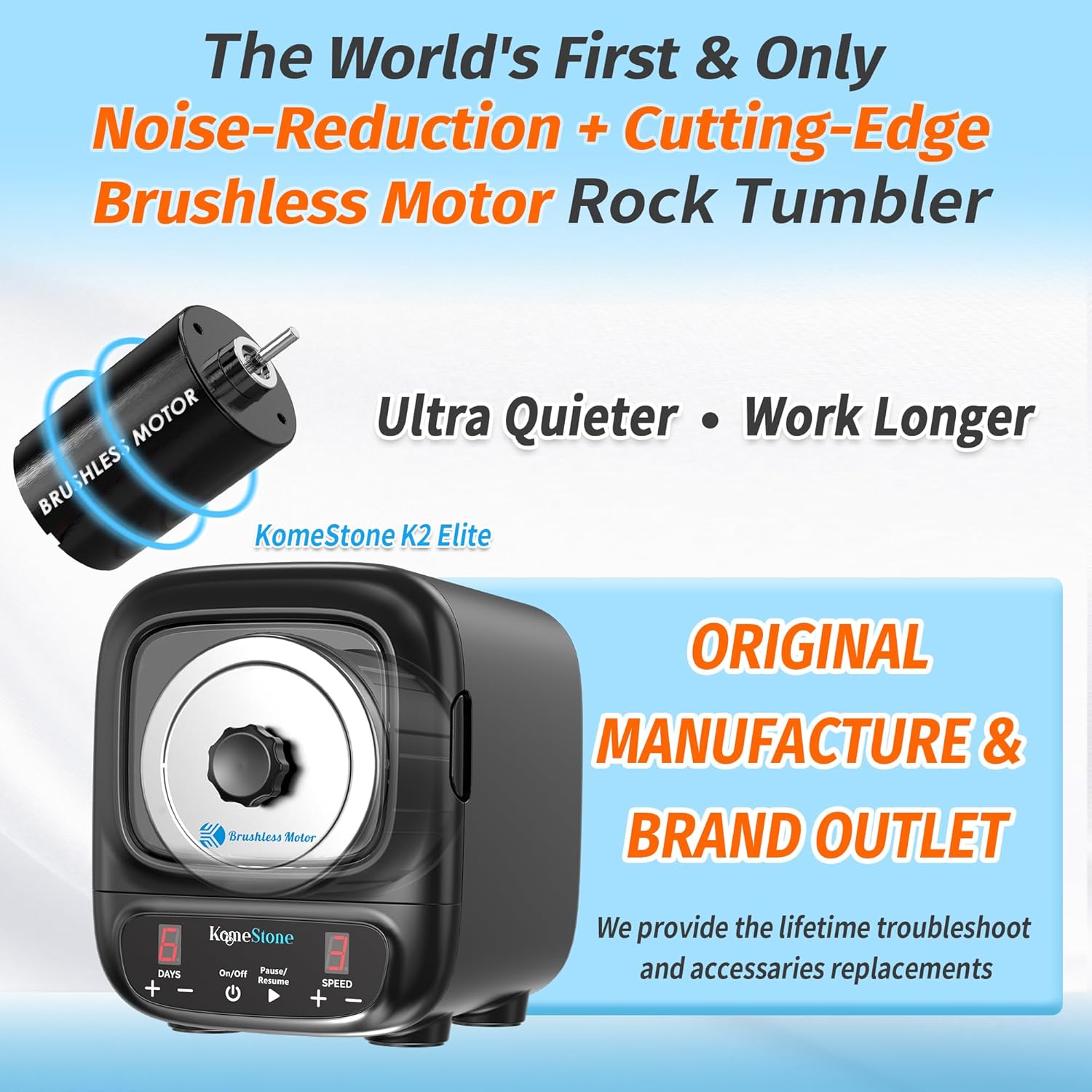 KomeStone K2 Elite rock tumbler highlighting the brushless motor and noise reduction features