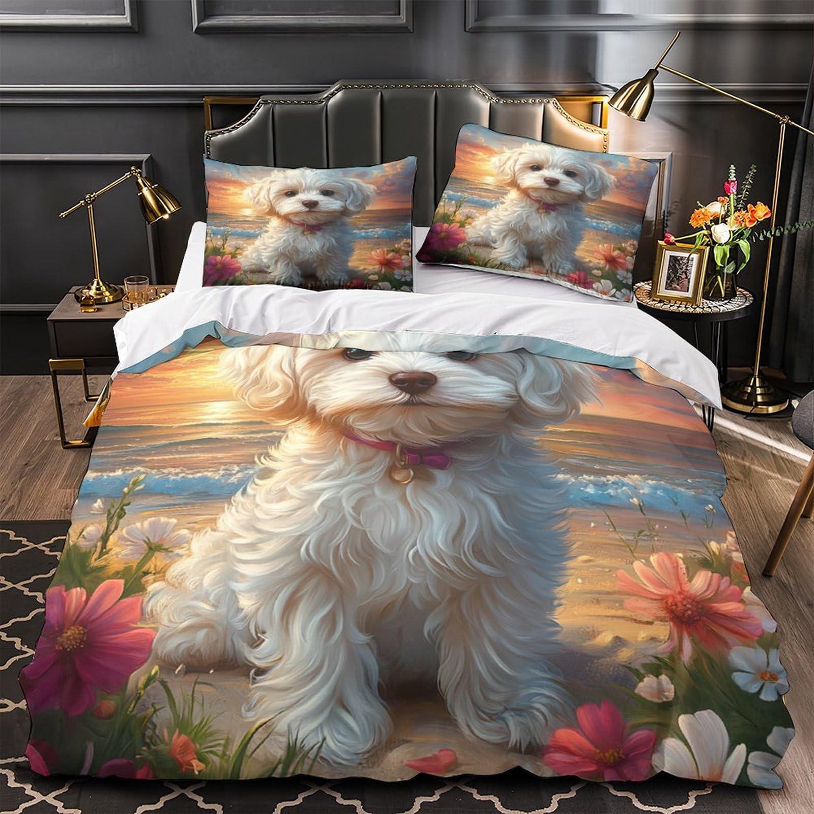 Housse de couette chiot blanc 220x240 pour une chambre d'enfant vue mer