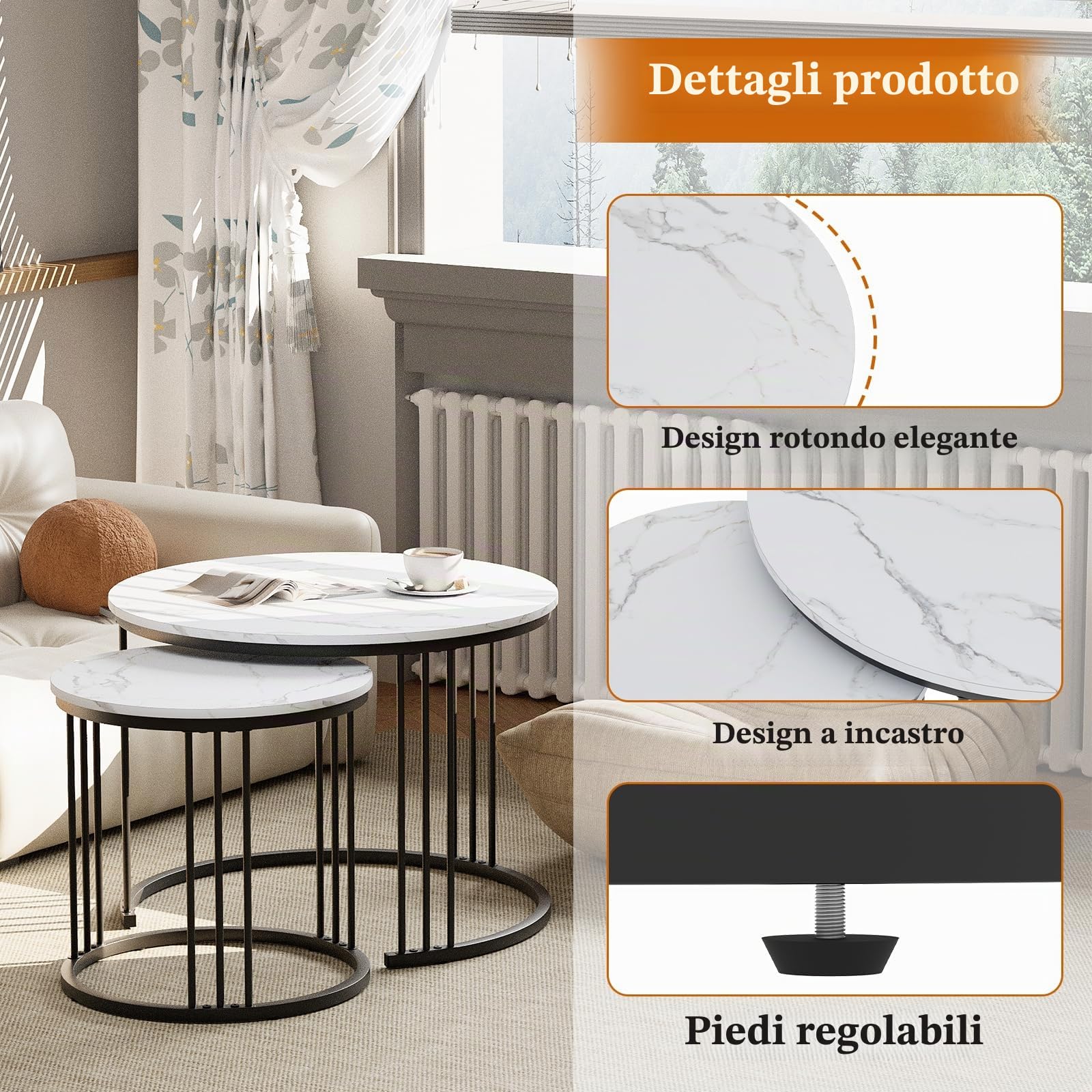 Set di 2 tavolini rotondi, per soggiorno, camera da letto, ufficio, balcone, struttura in metallo nero e piano in marmo bianco
