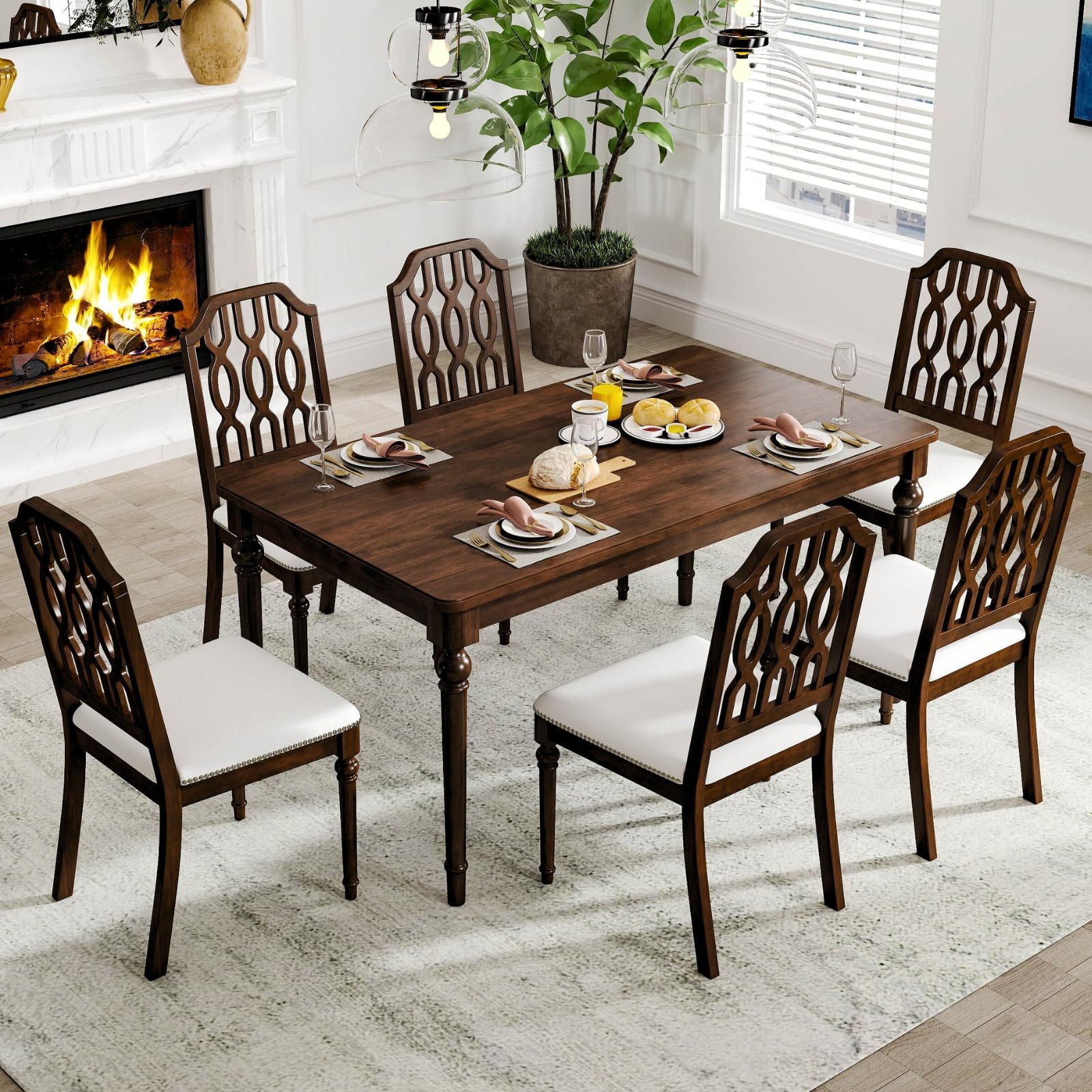 chairus Farmhouse Dining Chairs Set of 6, French Country Vintage Wooden Dining Room Chairs with Lattice Back & Turned Legs, Rustic Chenille