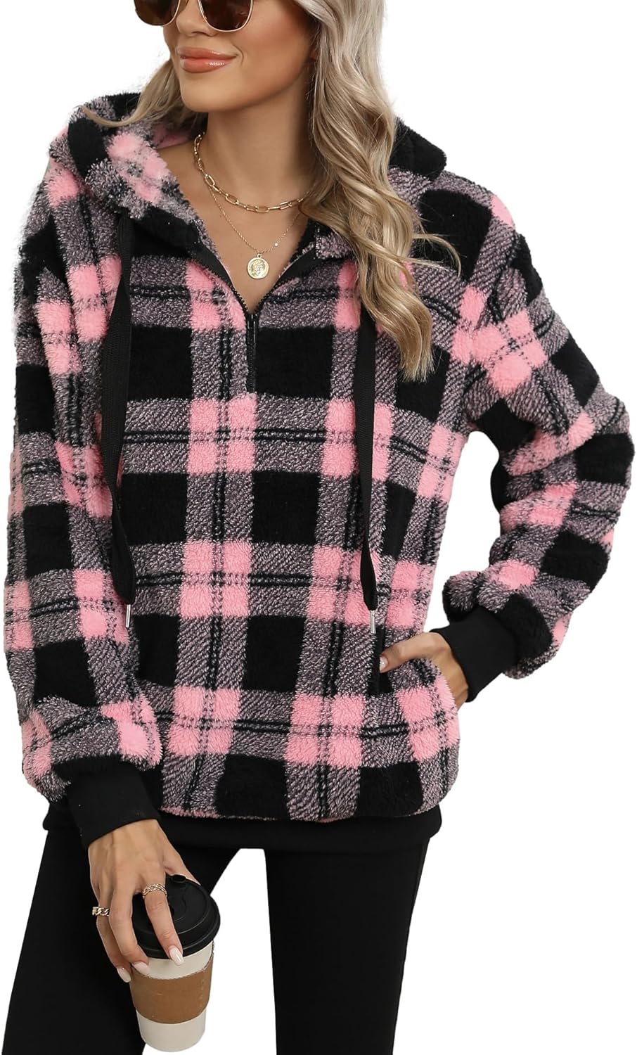 Yanekop Womens Fuzzy Fleece Pullover Oversized Sherpa Jacket Half Zip Pullover Sweaters Winter Faux Fur Jacket Coat - Image 4