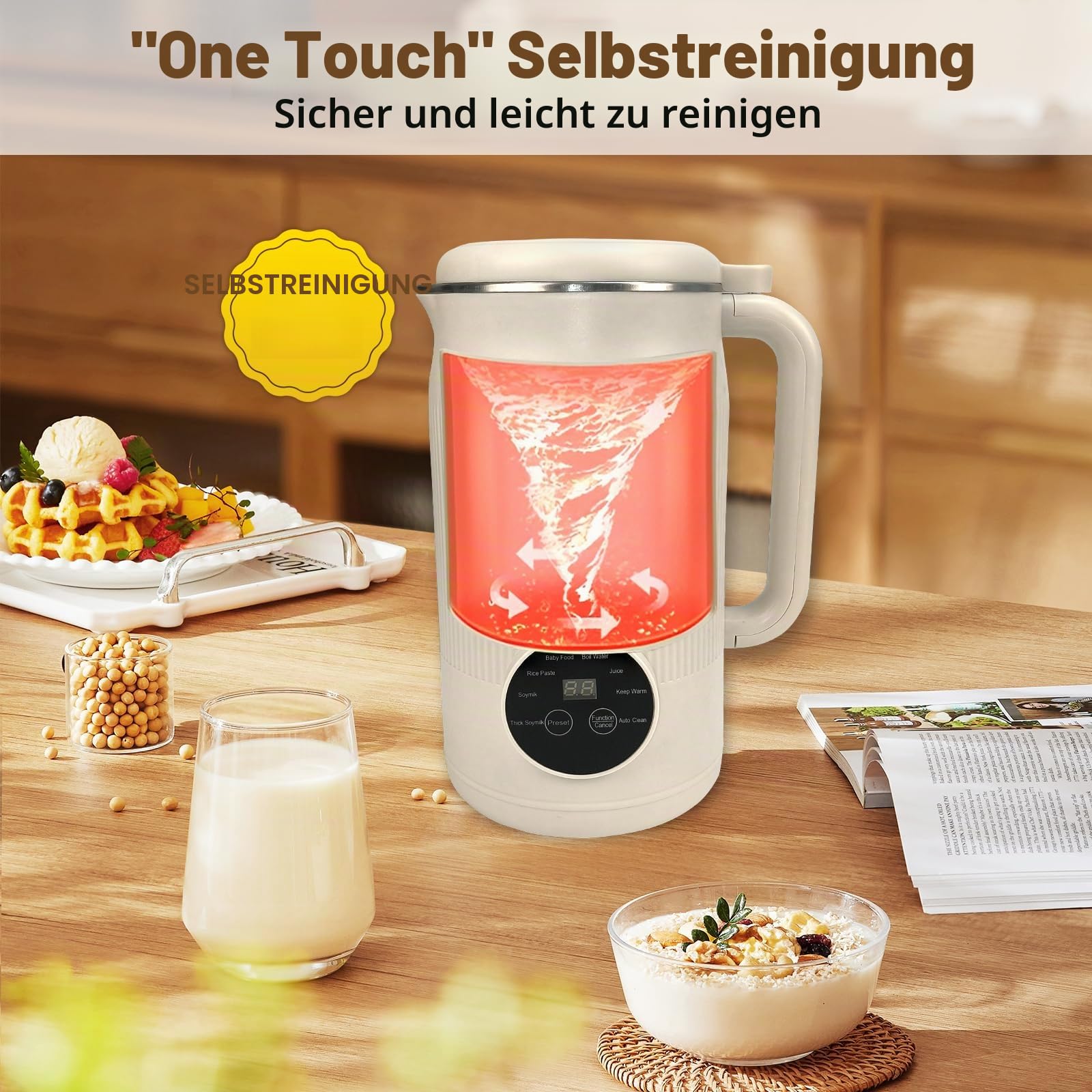 Nussmilchbereiter 8 in 1, 1200 ml Automatischer Sojamilchbereiter, Babynahrungsmaschine mit Verzögerungsstart und Warmhalten