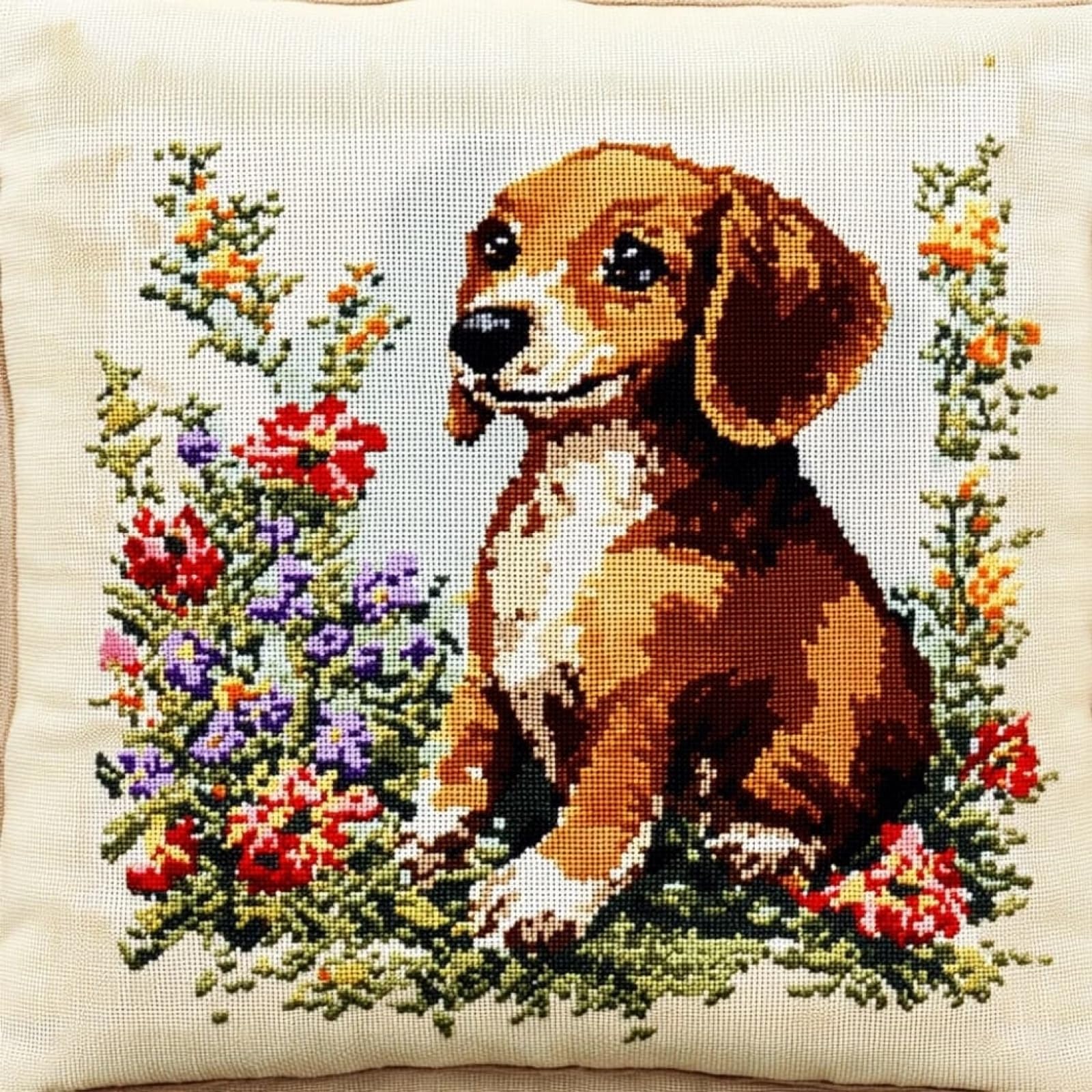 WallustrioaW Cross Stitch for Embroidery kit,Dachshund and Flower,Fabric Throw Pillow Cushion Cover,45x45cm Cross-Stitching Embroider Needlework Kits