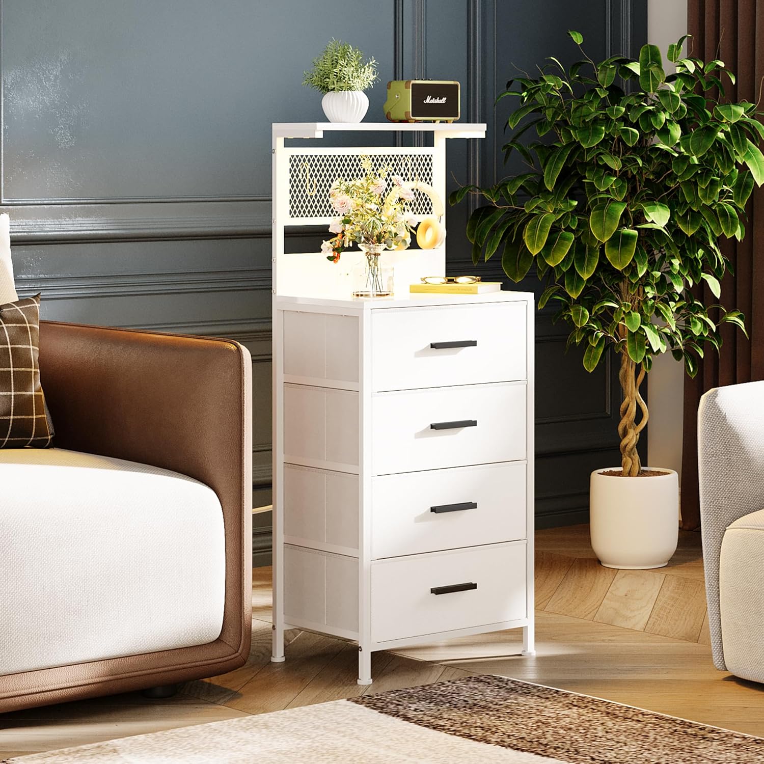 Nightstand 4 Drawer Dresser with LED Lights, Charging Station, Mesh Shelf with Hooks, Vertical Side Table with Fabric Drawers, End Table, Tall Dresser for Bedroom, Hallway, Entryway, White