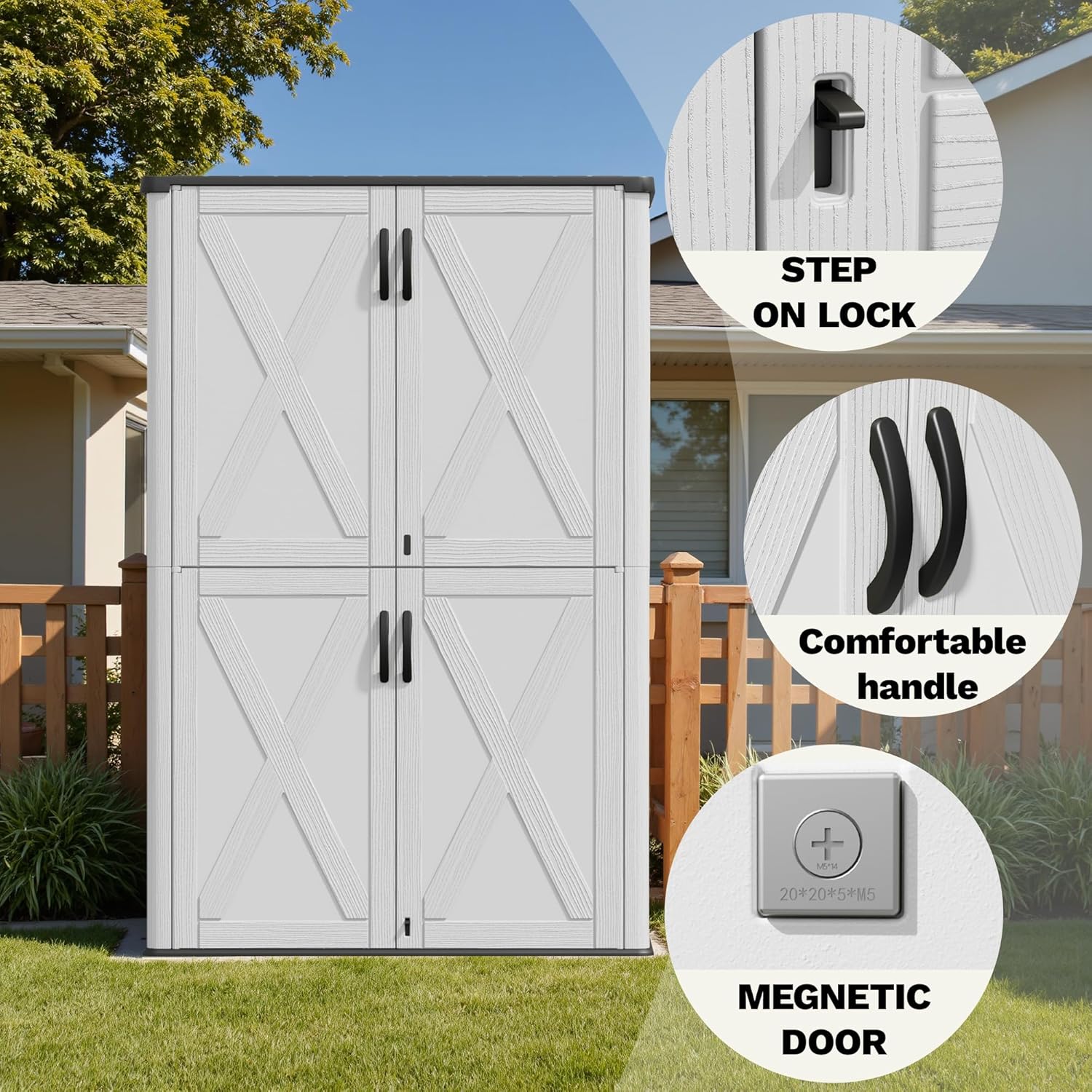 Close-up of Devoko storage shed features: step-on lock, comfortable handle, magnetic door latch