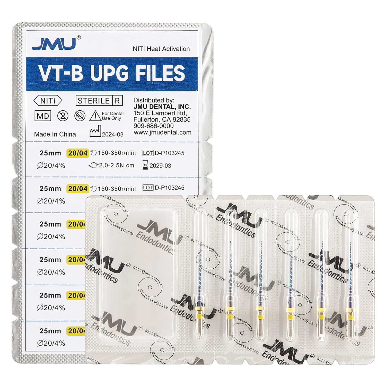 JMU VT-B UPG Files, Niti Rotary Files, 20/04(25mm), Sequence Files, 6pcs/Pack