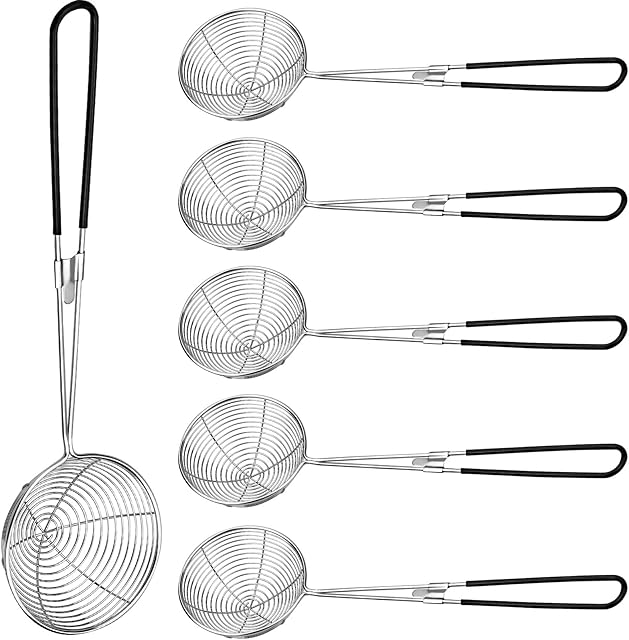 Winfred 6 Pieces Wire Skimmer, Spider Strainer, Stainless Steel Wire Skimmer Spoon, Stainless Steel Durable Heat Resistant Mesh Colander with Long Handle for Hot Pot Eating, Soup Draining Black
