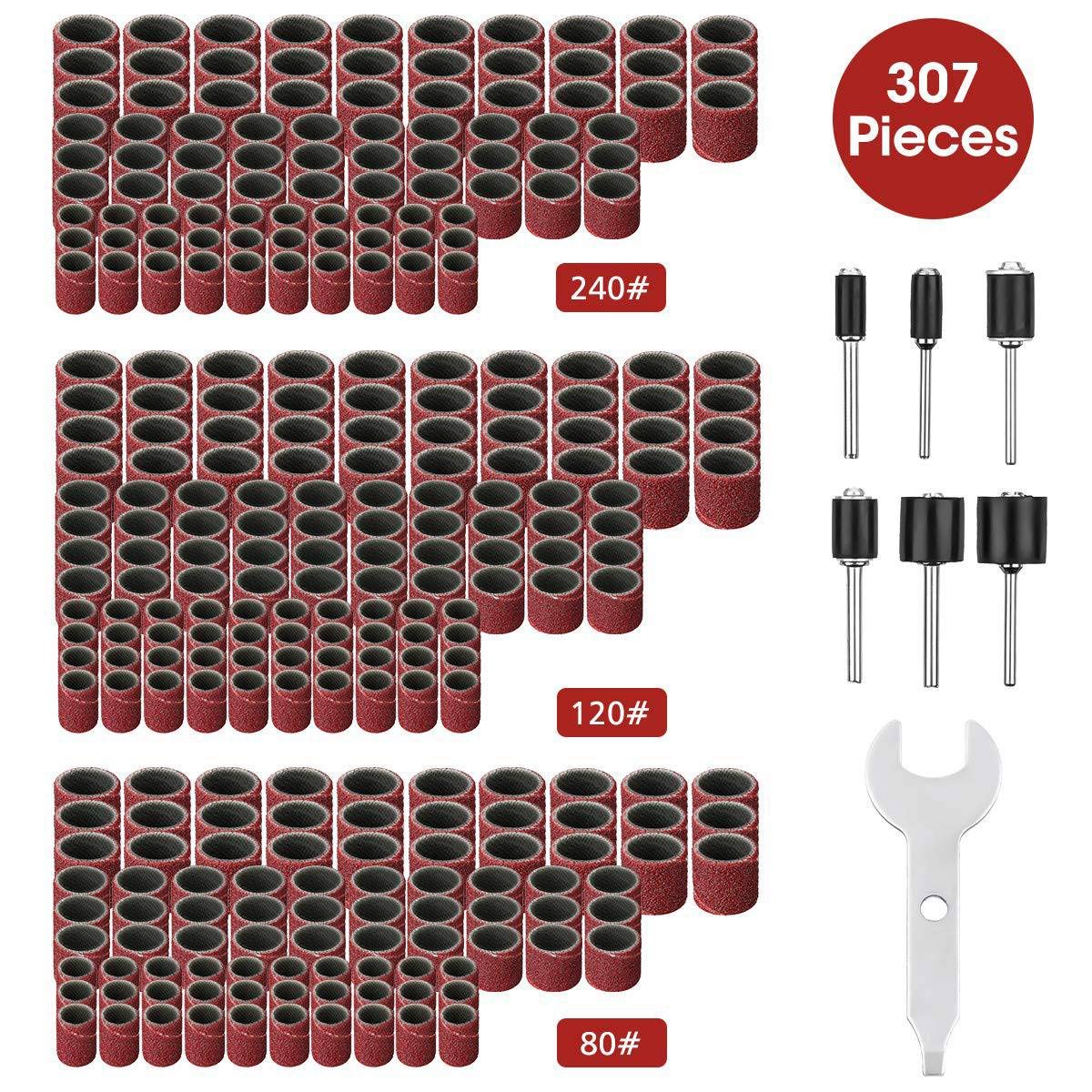 Pasuihcay 307 Pieces Drum Sander Set Sanding Drum Kit 300 Pieces Sanding Band Sleeves (80/120 /240) + 6 Pieces Drum Mandrels for Rotary Tool (2.35Mm/3.17Mm)+ 1 Combination Wrench, Brown & Black