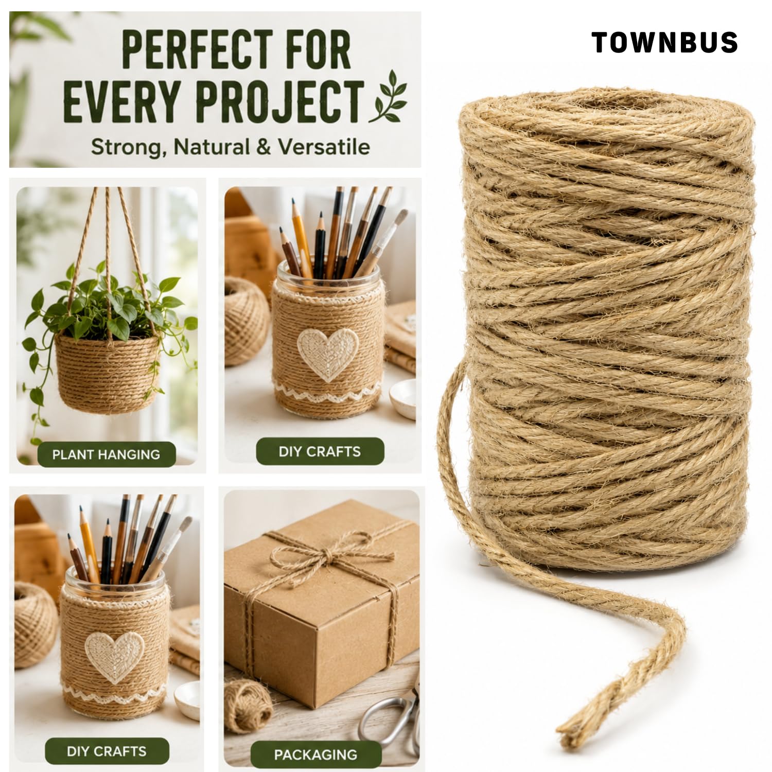 TOWNBUS - 100 Feet / 30 Meters Of 5 Ply Raw Natural Jute Cord | Twine For Arts And Crafts, Packaging Rope, String For Gifts, DIY Crafts, Beige 1