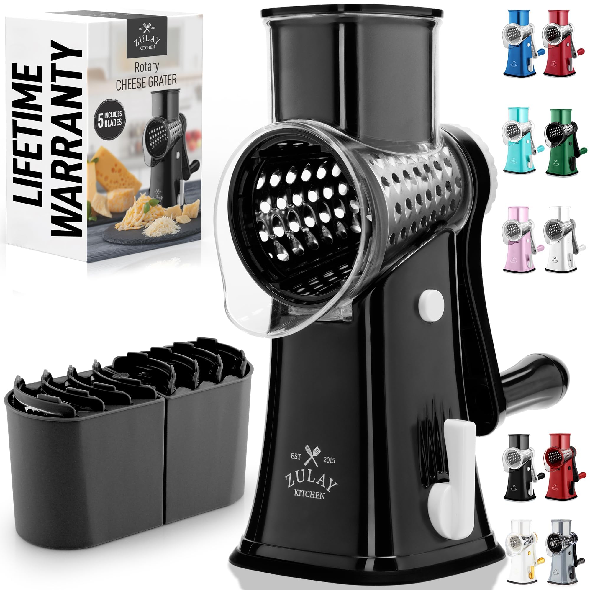 Rotary Cheese Grater 5 Blade Cheese Shredder - Manual Hand Crank Cheese Grater With Reinforced Suction & 5 Interchangeable Drums - Easy to Use, Vegetable Chopper Round Mandoline Slicer
