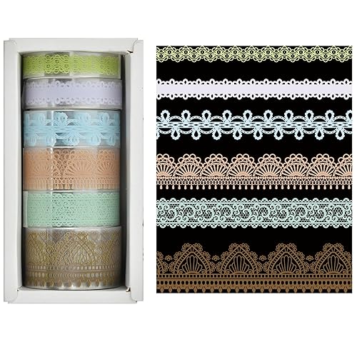 Miniatura 3 de Songdao 6 rollos de cintas de PET con patrones de encaje, arte floral, juego de cinta adhesiva transparente para manualidades, niños, álbumes de