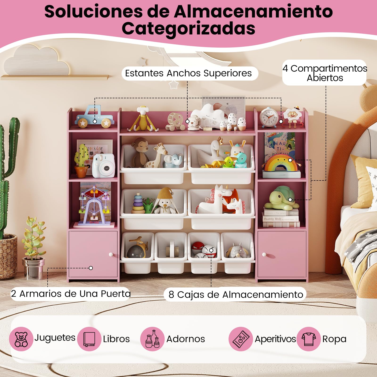GOPLUS Mueble Almacenaje Juguetes, Estantería Infantil de 4 Niveles con 6 Compartimentos y 8 Cajas Extraíbles, Organizador Juguetes para Salón, Dormitorio 142 x 30 x 100 cm(Blanco) (Rosa)