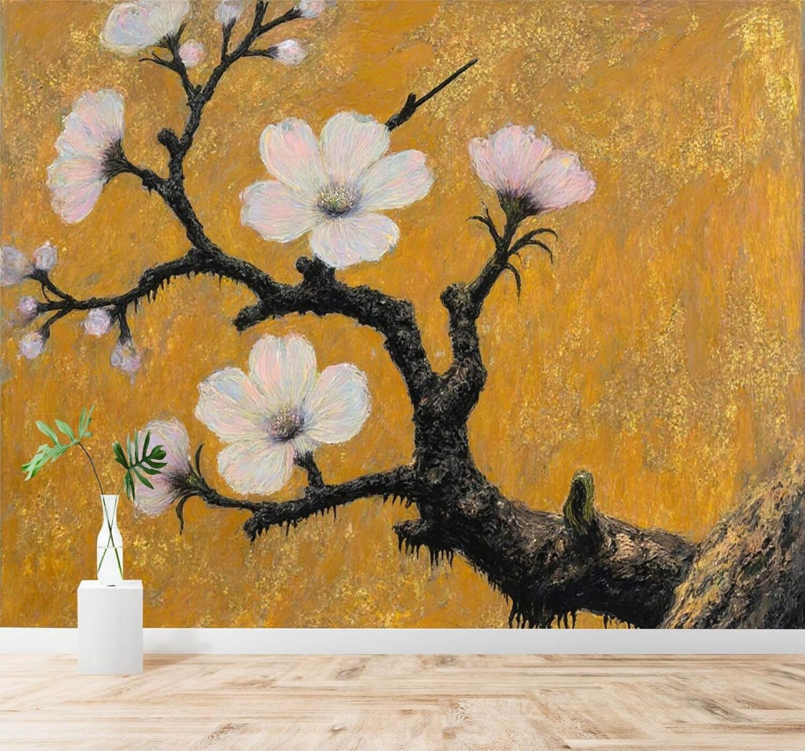 XLMING Hand Painted Gold Ink Wash White Plum Blossoms Art 3D Wallpaper Silky Texture Home Study Office Grey Dining Room Sofa Bedroom Living Room TV Backdrop-200cm×140cm