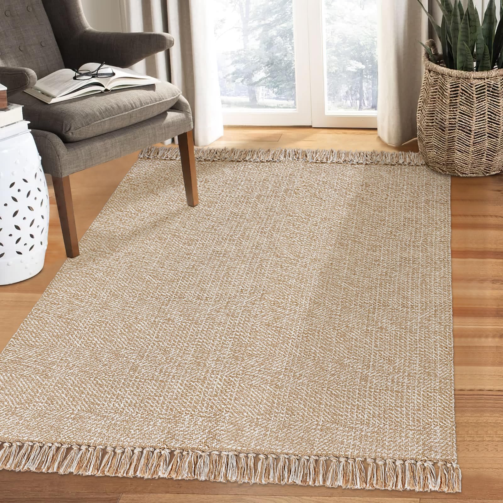 Tapis bohème kaki lavable pour créer un coin lecture cosy