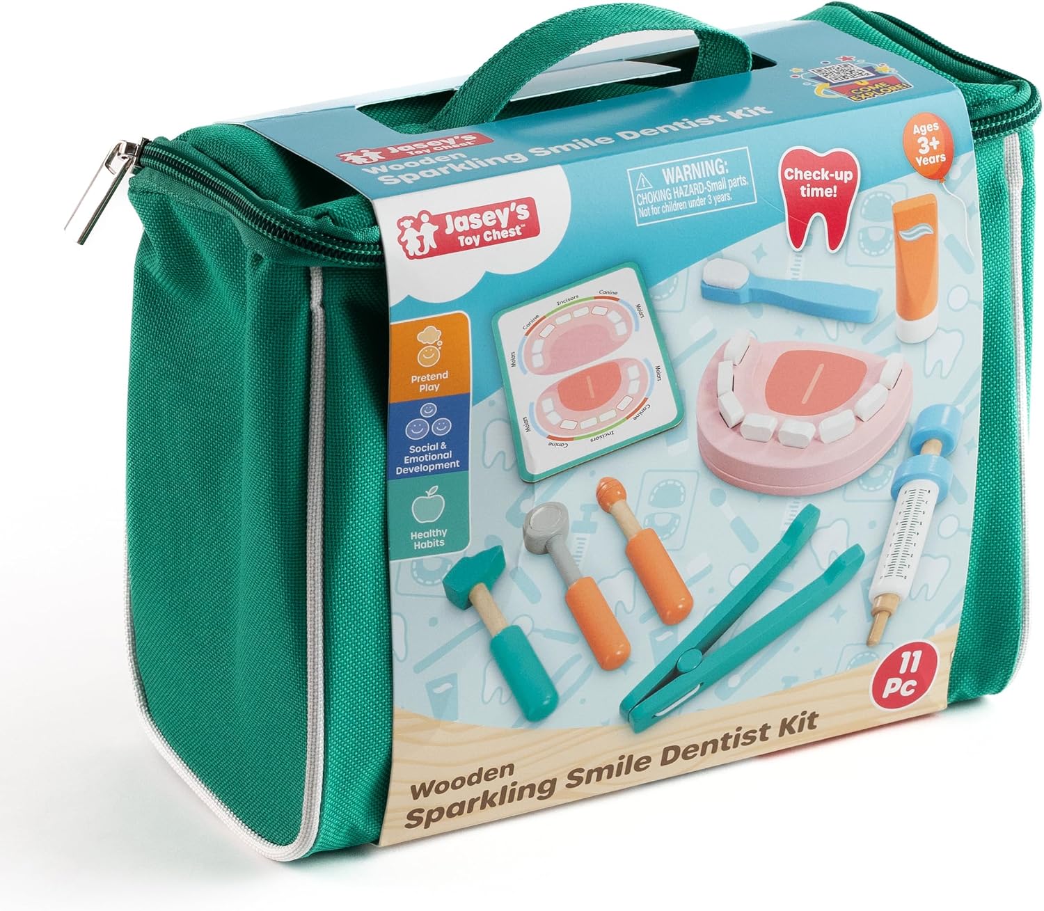 Jasey's Toy Chest Wooden Sparkling Smile Dentist Kit | 11-Piece Pretend Play Dentist Set with Tools, Teeth Model & Carry Bag | Educational Toy for Toddlers Ages 3+