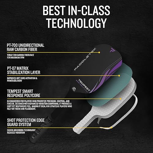 Miniatura 4 de Paddletek Tempest Wave PRO-C - Paletas de pickleball aprobadas por USAPA con núcleo de panal de polímero - Fibra de carbono unidireccional PT-700 -