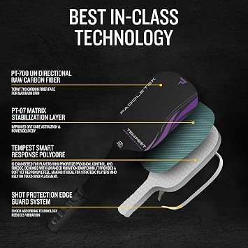Paddletek Tempest Wave PRO-C 14.3mm - USAPA Approved Pickleball Paddles with Polymer Honeycomb Core - PT-700 Unidirectional Carbon Fiber Torsional Weighting & High Tack Performance Grip