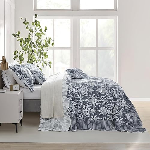 Miniatura 5 de Colcha extragrande King de 128 x 120 pulgadas, extra ancha, diseño de damasco jacquard matelasse, ligera, reversible, 5 piezas, 100% microfibra, azul