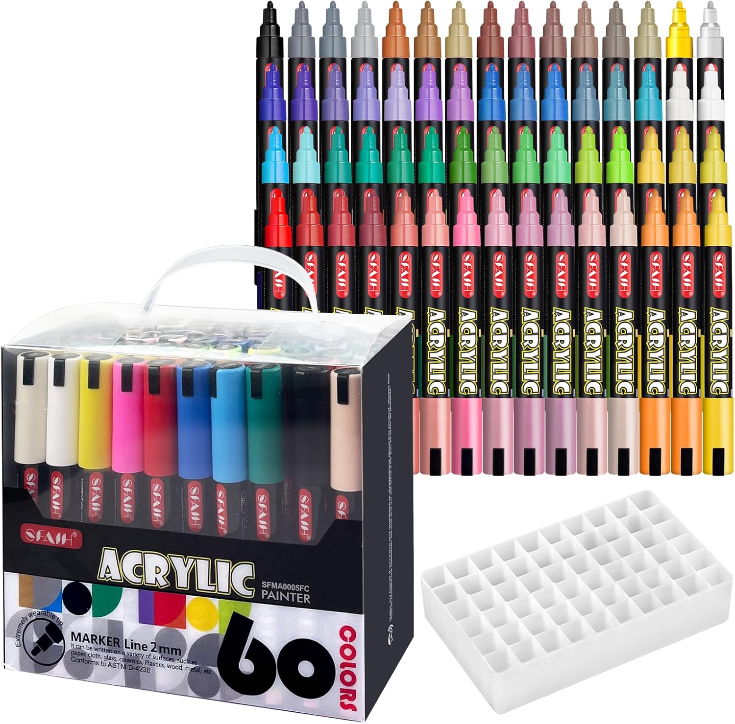 Acrylic Creative Markers Set of 60 with 14 Metallics, Organizer, 3mm Tips