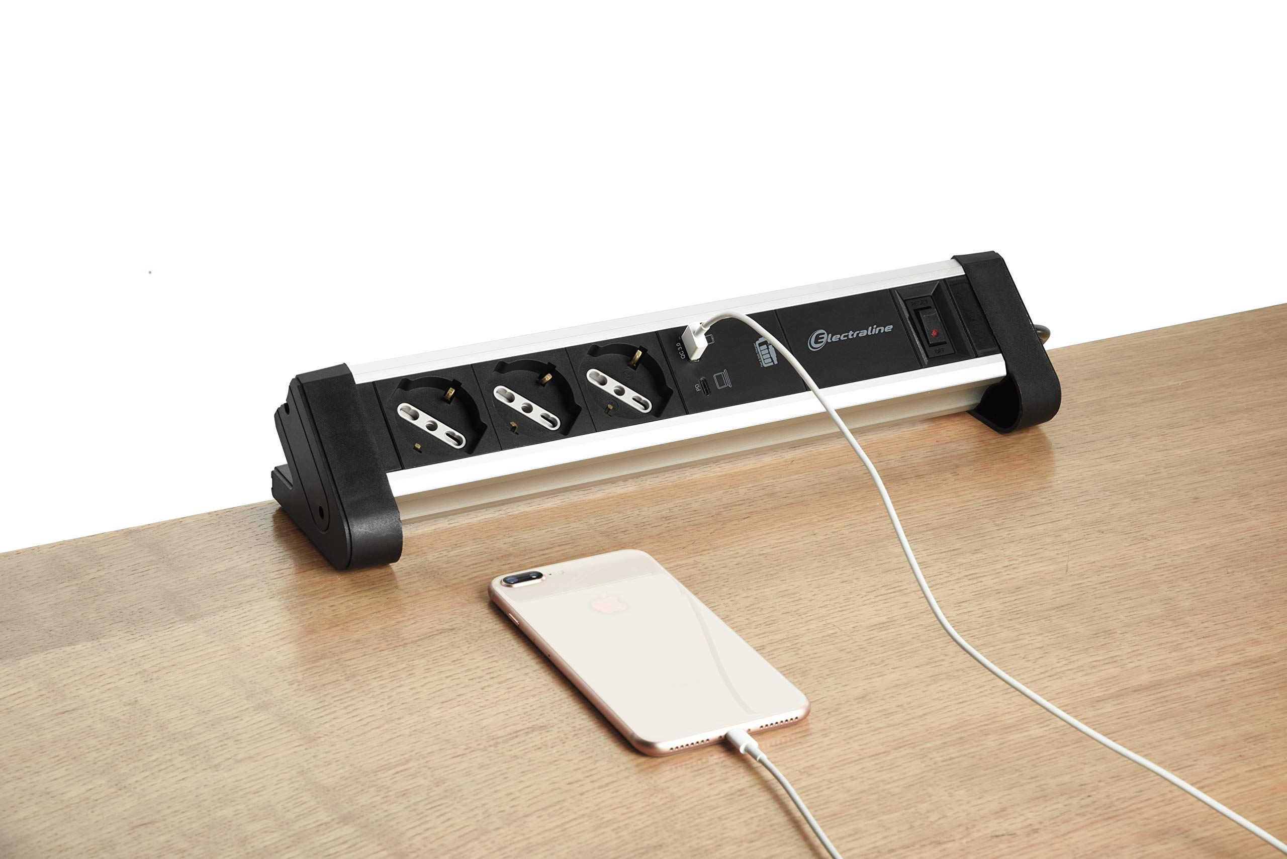 Electraline 61907 3-osobowa listwa biurkowa Schuko + 10/16 A, 2 65 W, 1 typ C do komputera + 1 USB 3.0 A QuickCharge, uchwyty mocujące, czarny/srebrny, wtyczka