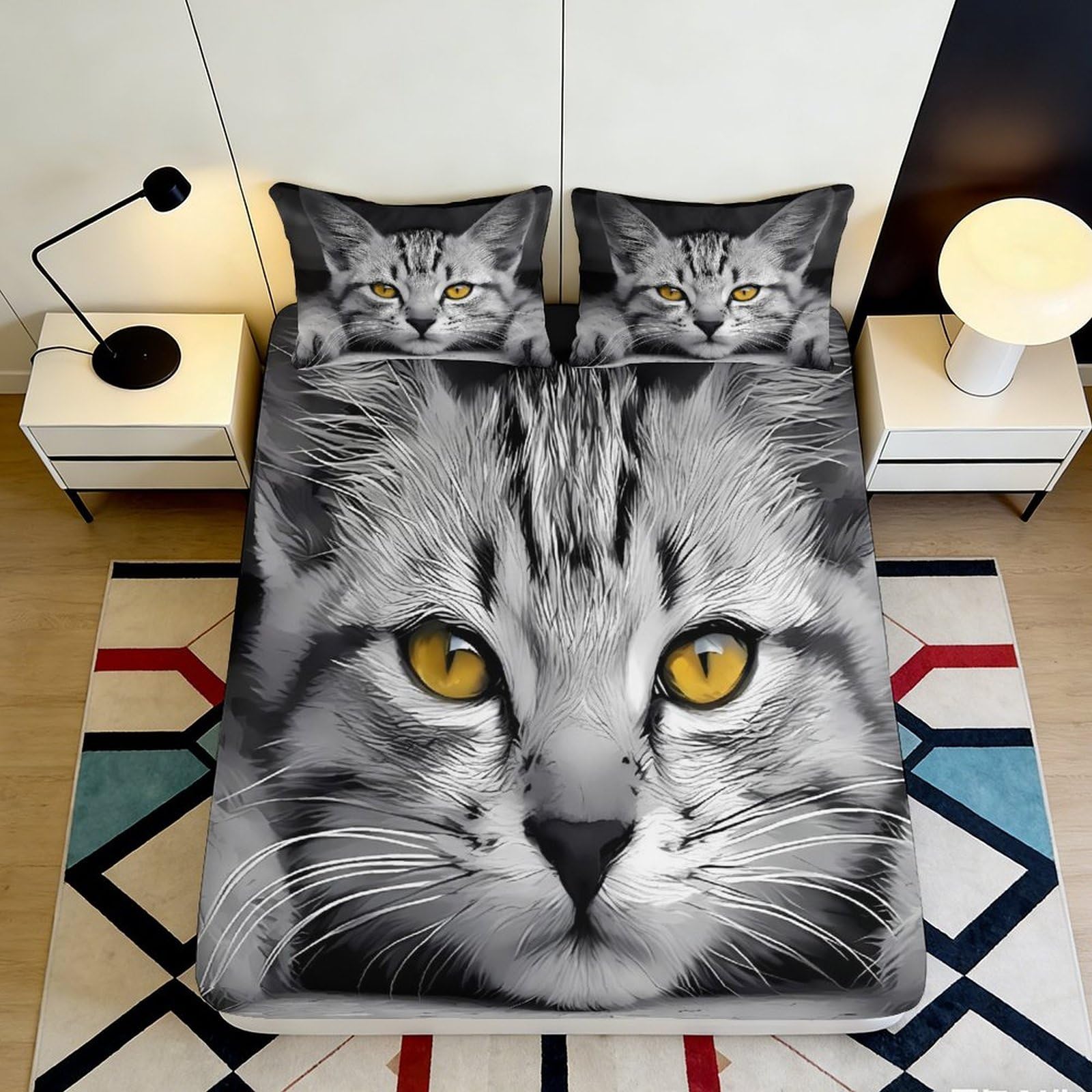 3D Printed Realistic Cat Face Fitted Sheet Microfiber Soft Grey Tabby Mattress Cover for Bedroom Dorm Home Decor 90x200x25cm
