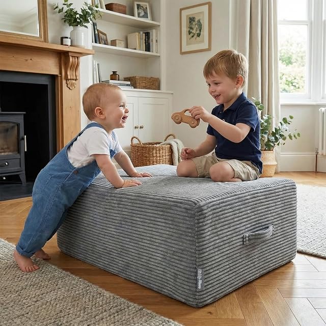 Foto 3 de 8 de KiddyMoon Mini Trampolin Interior Ninos Cojin Puf 2 En 1 Muelles Funda Extraible Tejido Acanalado Dos Asas…
