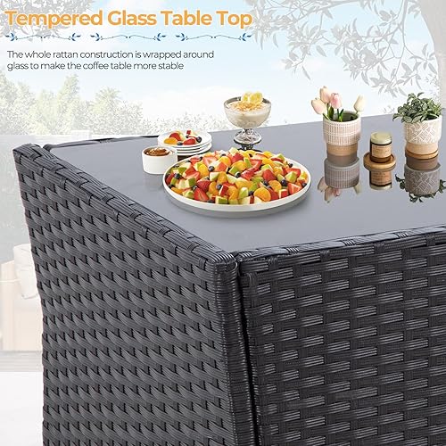 Miniatura 5 de Juego de muebles de patio al aire libre, juego de conversación de mimbre de 4 piezas, juego seccional de ratán para exteriores con cojines, mesa