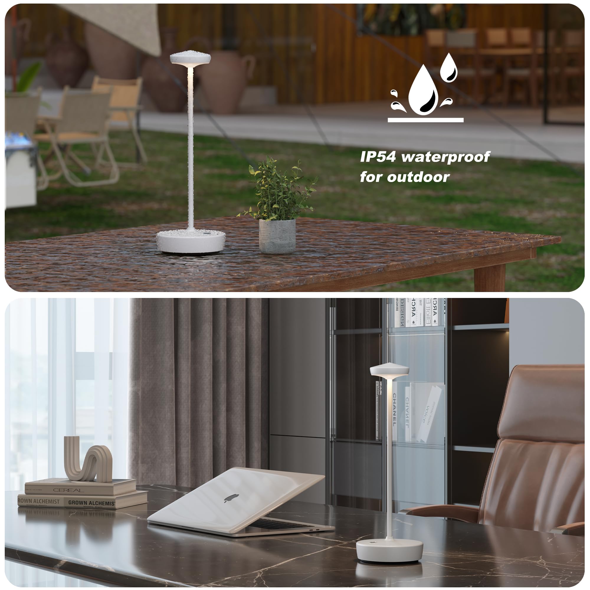 TBBGA Lampada da tavolo senza fili ricaricabile, confezione da 2, lampada da tavolo a LED con 3 temperature di colore, oscuramento continuo, alluminio impermeabile per interni ed esterni, patio
