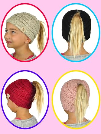 C.C BeanieTail Kids' Children's Soft Cable Knit Messy High Bun Ponytail Beanie Hat