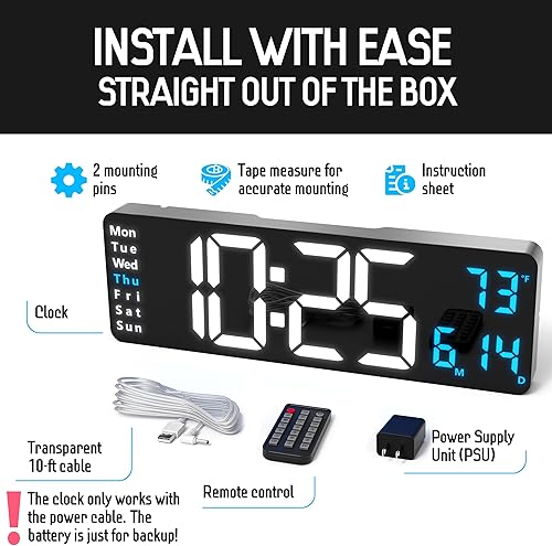 Miniatura 4 de Reloj de pared digital extragrande con fecha, temperatura y temporizador - Reloj digital grande para paredes (XXL, blanco y azul)