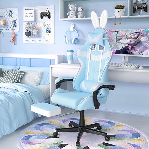 Miniatura 2 de Soontrans Silla de juegos azul claro con reposapiés, bonita silla de videojuegos de conejo, silla de escritorio Kawaii para nieta, hermana, novia,