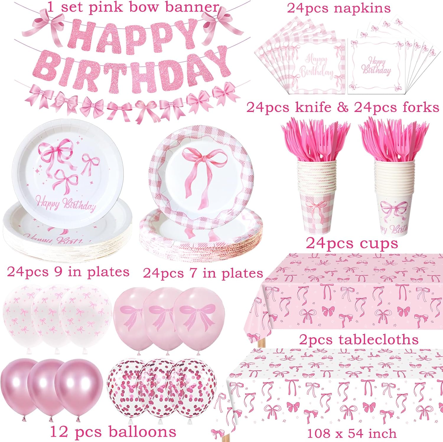 Pink Bow Birthday Decorations Serve 24 Coquette Birthday Decorations Party Supplies, Includes Bow Banner Tablecloth Balloons Plates Flatware Cups Napkins Theme Tableware for Women Girls Party Decor