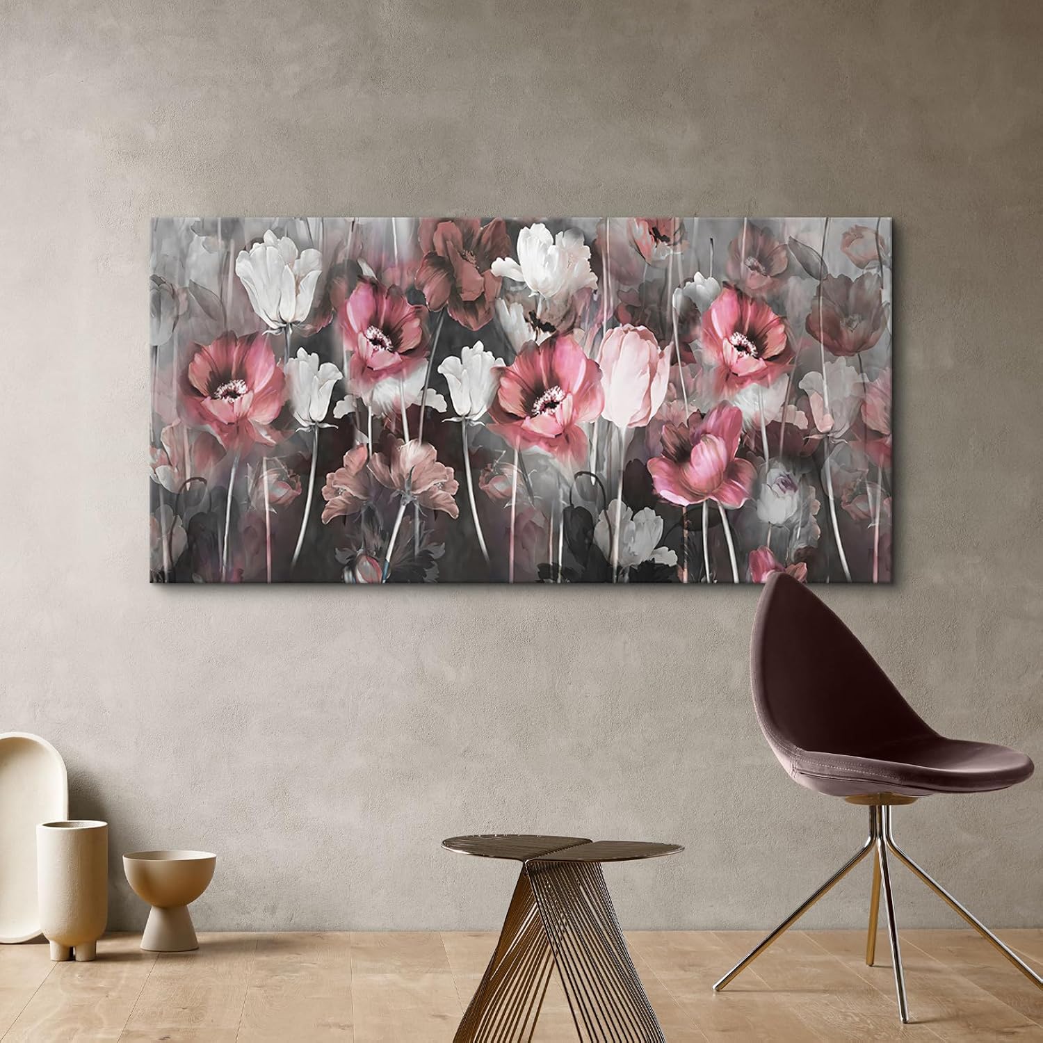 Craftline - Abstract Pink Poppies Floral Botanical Canvas Wall Art, Rustic Vintage Flowers Wildflower Field Prints Modern Gray Background Framed Artwork for Home Decor 32x16inch