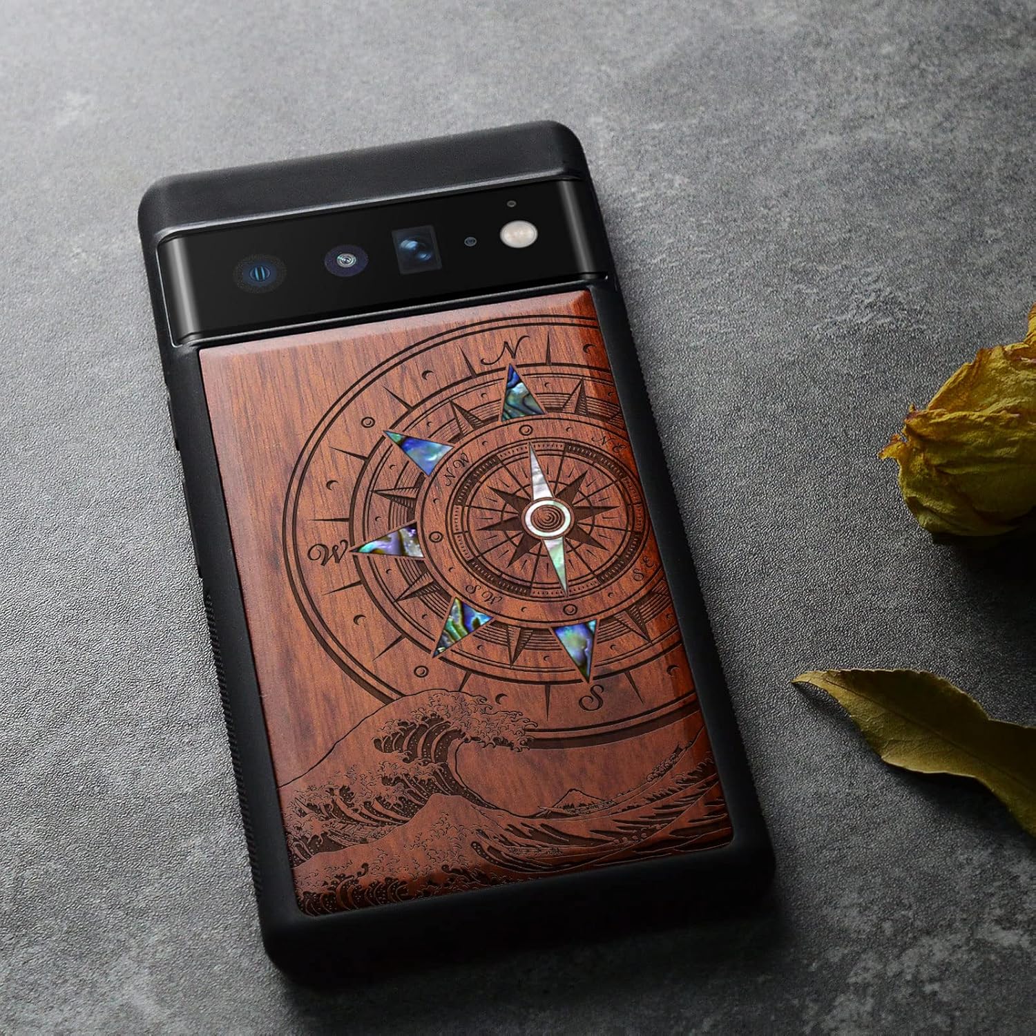 Carveit Designer Wooden Case for Google Pixel 6 Pro Case Cover [Wood Engraving & Shell Inlay] Wood Phone Case Compatible with Wireless Chargers Pixel 6 Pro (Sea Wave Compass-Rosy)