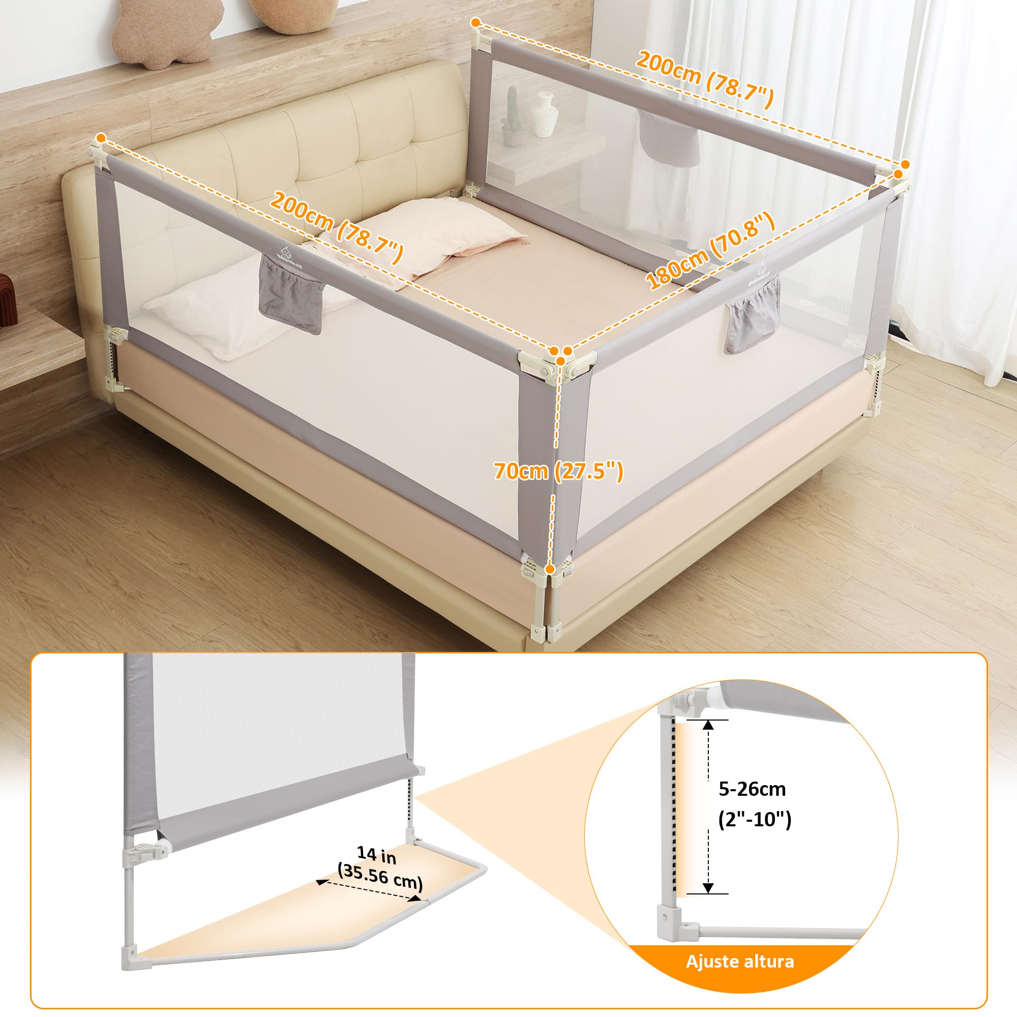 Barrera para Cama, Set de 3 Barrera de Seguridad Niños, Barandilla Cama Niño Legable y Portátil - (2 x 200 cm + 1 x 180 cm) en Paquete