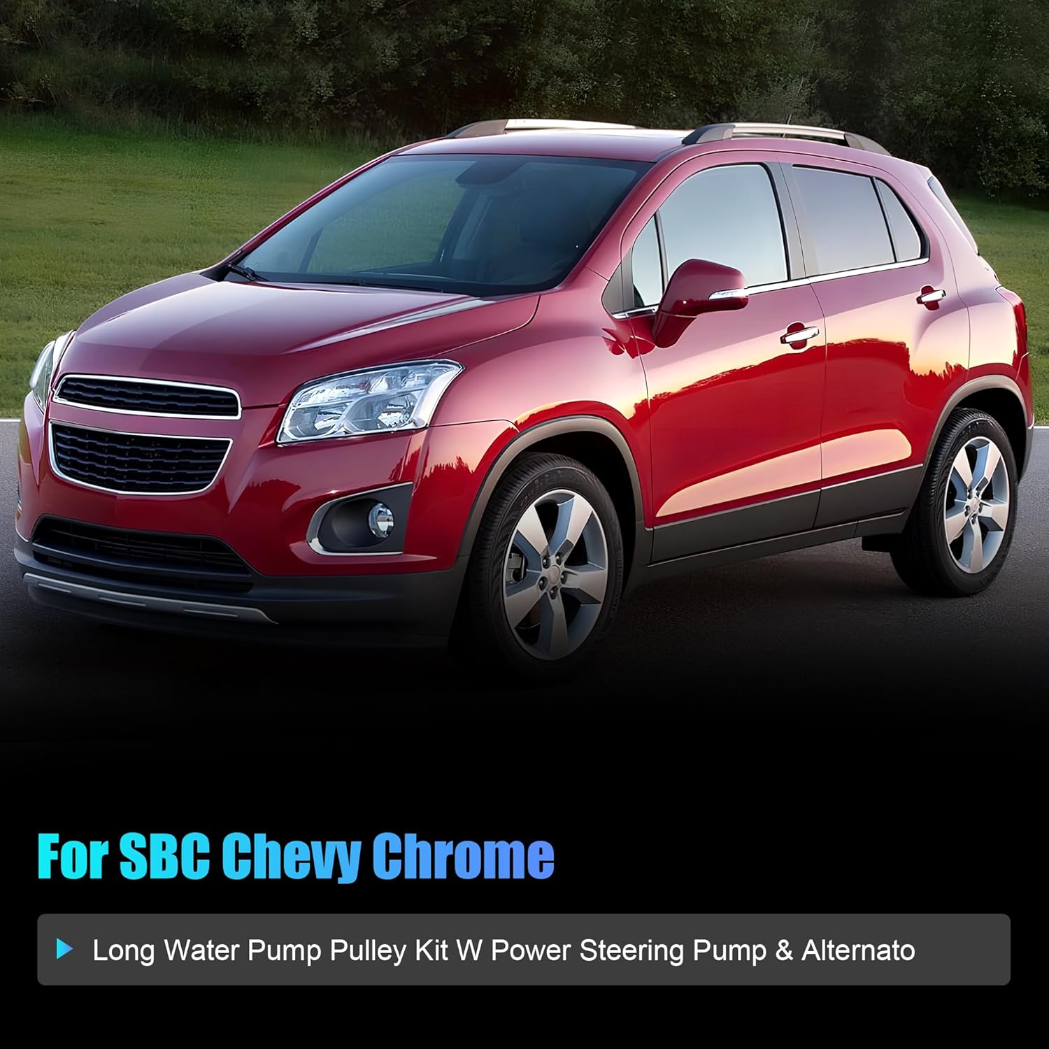 Chrome Steel Upper Long Water Pump (2 Groove) & Crankshaft (2 Groove) Power Steering Pulley Kit Compatible with Chevy SBC 305 350 Small Block