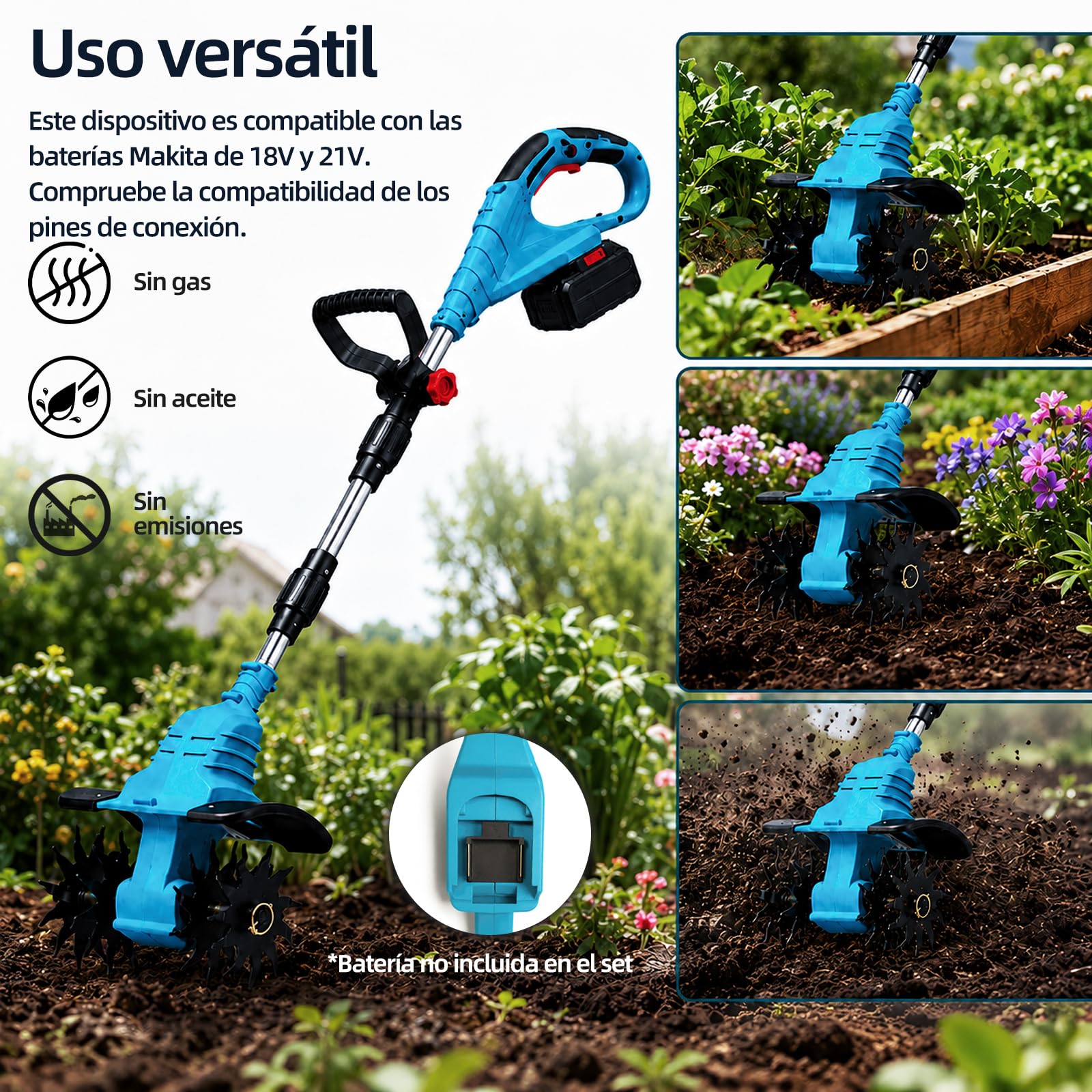Azada con batería con motor sin escobillas para Makita 18 V, batería de 350 W, profundidad de trabajo de 16 cm, ancho de trabajo de 23 cm, (sin batería)