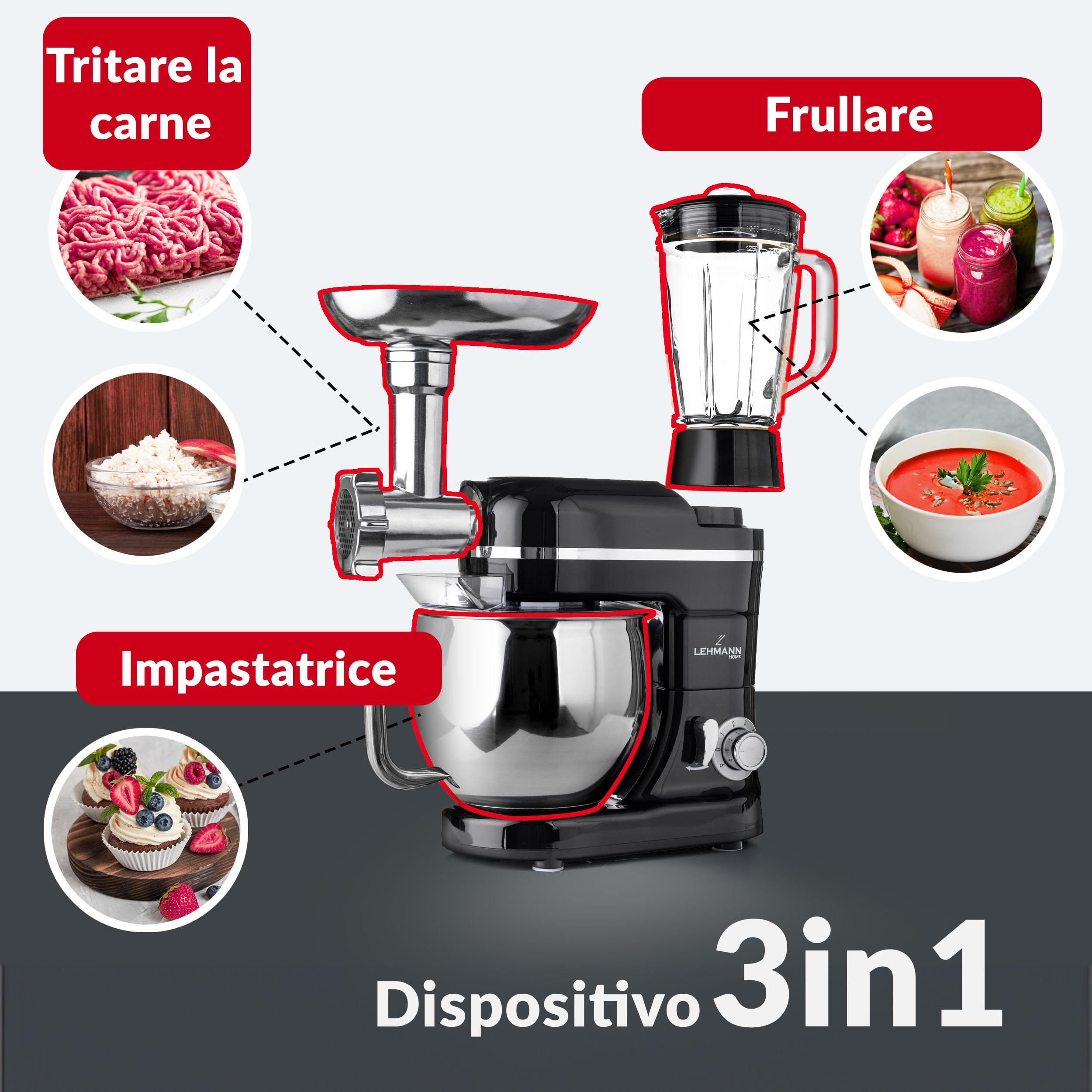 Lehmann Robot da Cucina Universale 3 in 1 Set | Mescolatore con Sistema di Agitazione Planetaria | Robot Multifunzione con Tritacarne | Con Spremiagrumi da 1,5 L e Ciotola in Acciaio Inox da 5 L
