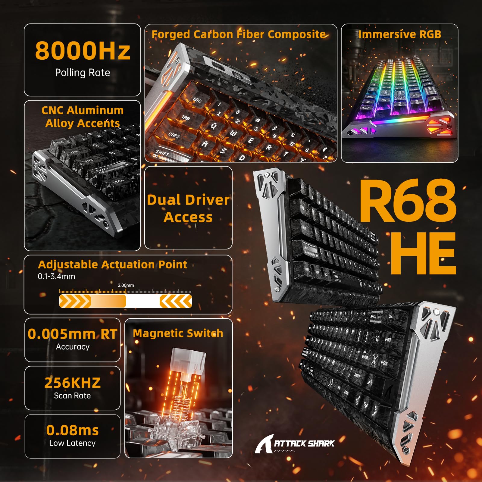 ATTACK SHARK R68 HE&R11 Ultra Carbon Fiber Gaming Keyboard and Mouse Combo,8000Hz Rapid Trigger Wired Keyboard,0.005mm RT Accuracy, Immersive RGB+49g 8K Wireless Mouse PAW3950MAX,42K DPI,Coiled Cable - 3