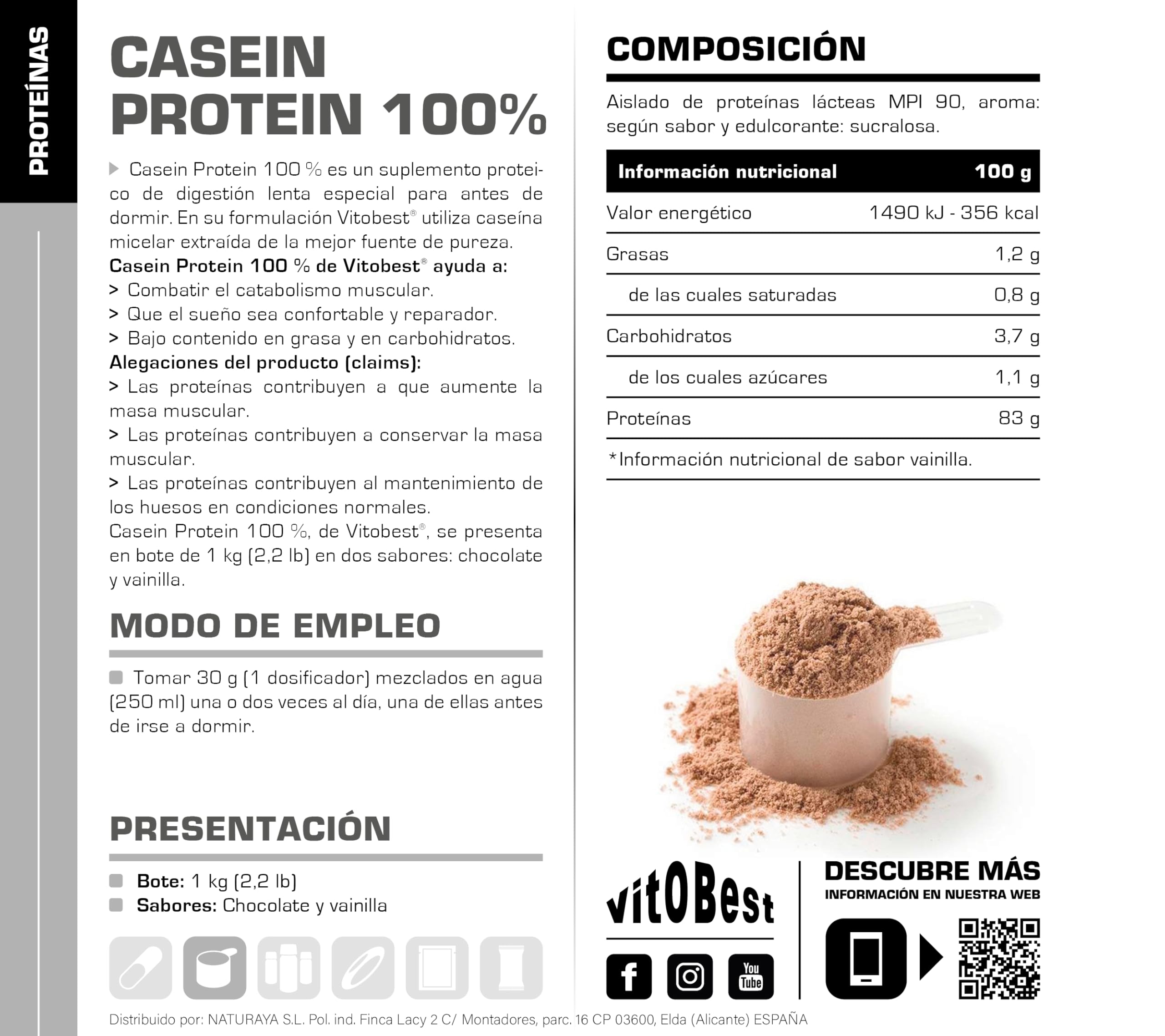 VITOBEST Casein Protein 100% Proteínas Suplemento Chocolate 1 kg