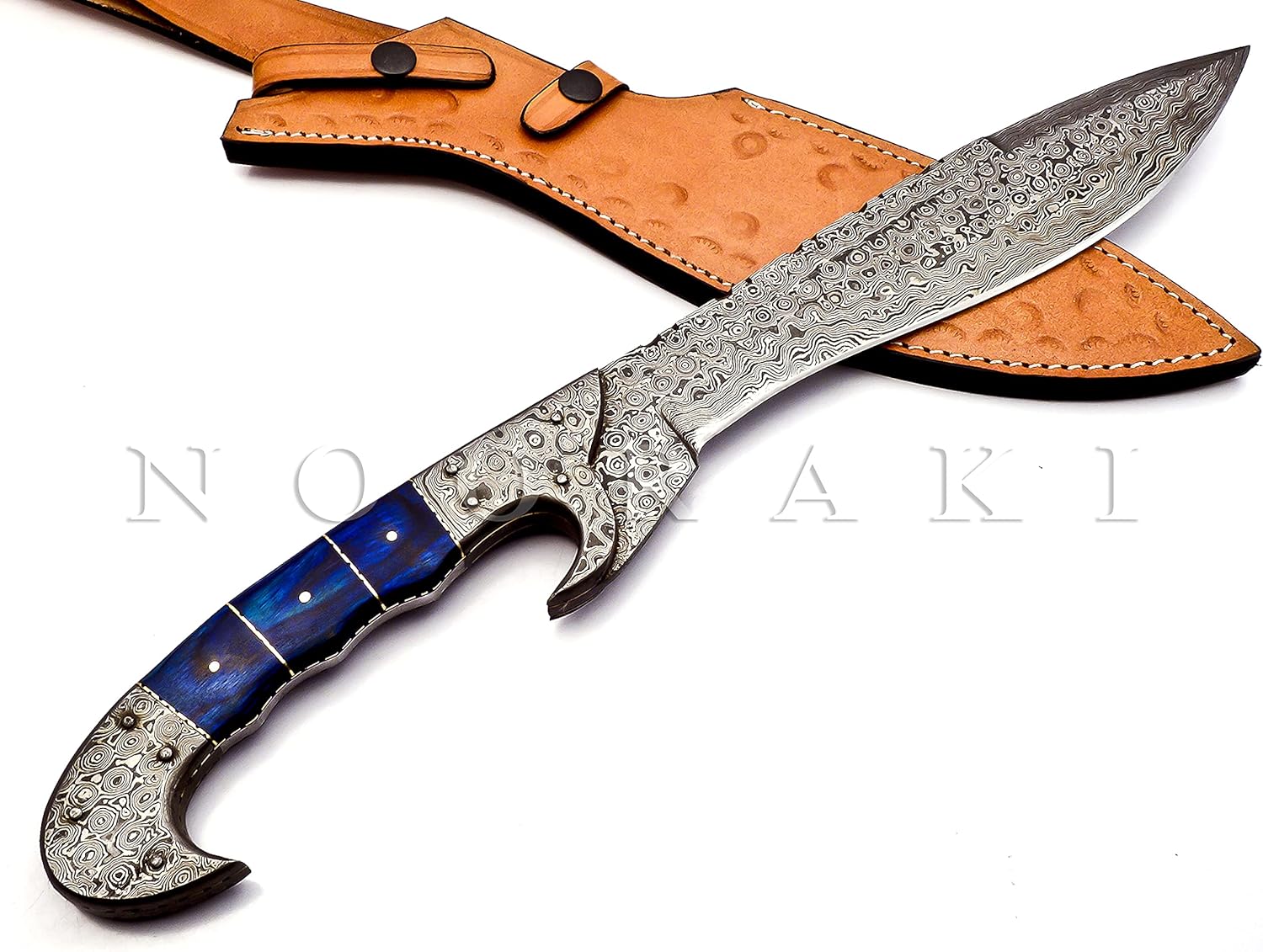 NOORAKI - 18 inches Handmade Damascus Steel Machete/ Kukri Knife, Bushcraft Knife, Hunting Knife, Camping Knife, Collectors Knife, Survival Knives Full Tang Handle With Leather Sheath Outdoor Men Knives (Coloured Wood)