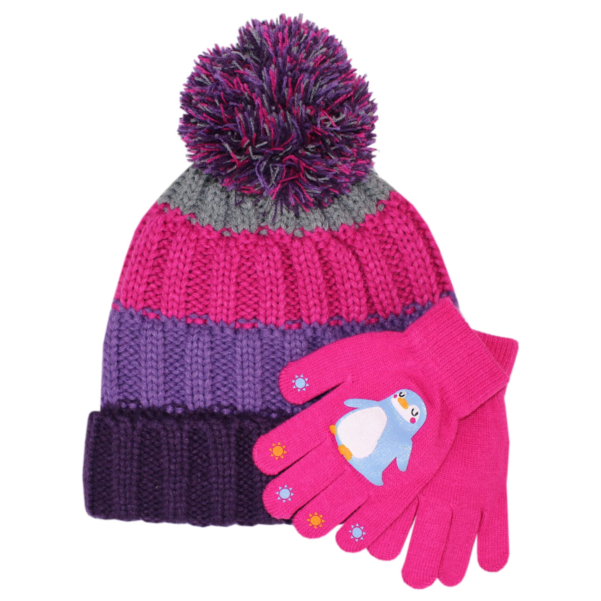Teddyts Girls Penguin Gloves Set Striped Chunky Knitted Pom Pom Bobble Hat And Gloves Set (Penguin Gloves Set), One Size