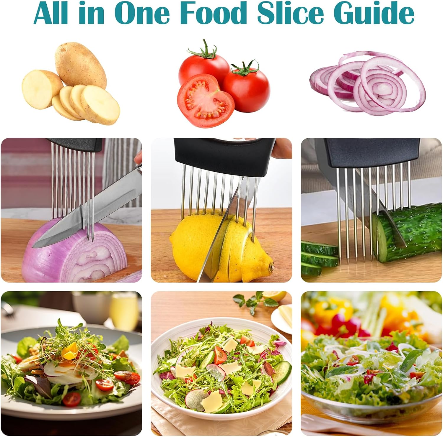 Onion Holder for Slicing,3pcs Onion Cutter Vegetable Chopper, Stainless Steel Tomato Potato Slicer, Meat Tenderizer Tool, Kitchen Food Slicer Guide for Neat Slicing